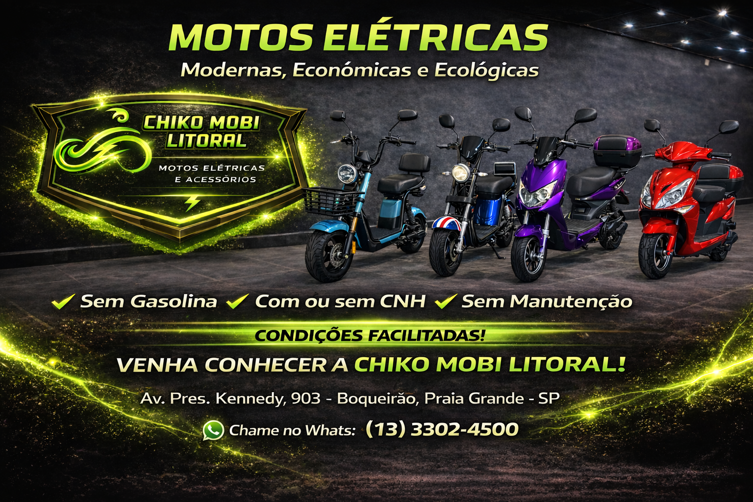 Chiko Mobi Litoral - Motos elétricas modernas, econômicas e sem CNH. Sem gasolina, sem CNH, sem manutenção, sem poluição. Condições facilitadas. Av. Pres. Kennedy, 903 - Boqueirão, Praia Grande - SP. WhatsApp (13) 3302-4500